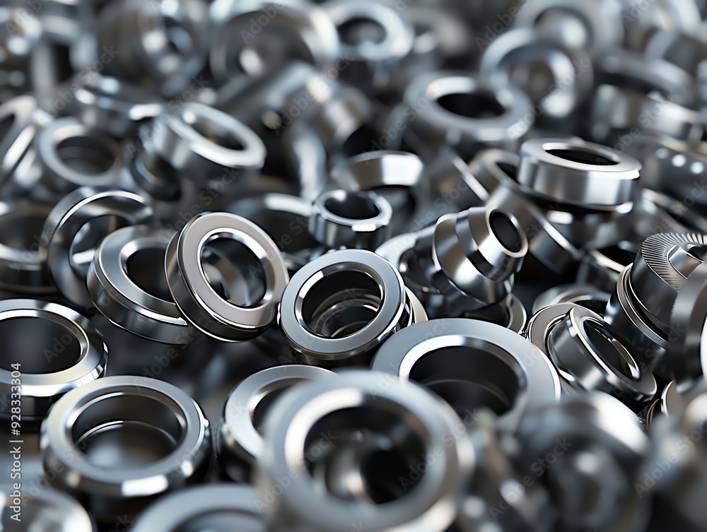 3D render of industrial nuts and washers, realistic 3D render of industrial nuts and washers, realistic