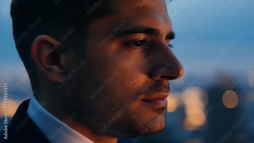 Businessman is enjoying the peace and quiet of the evening on a rooftop, with the city lights twinkling in the background Businessman is enjoying the peace and quiet of the evening on a rooftop, with the city lights twinkling in the background