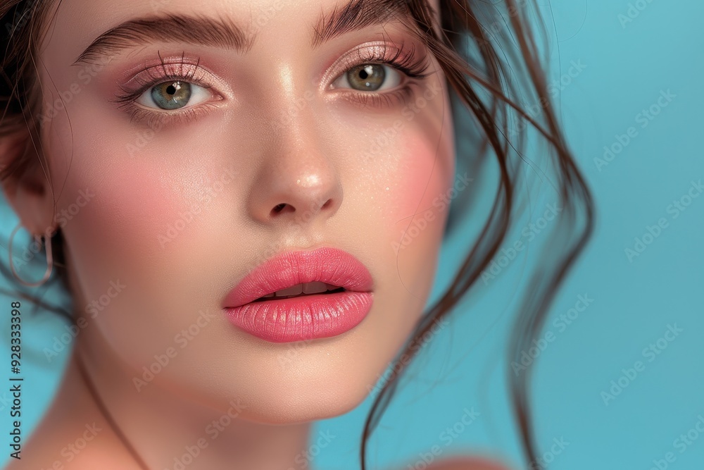Attractive young lady with pink lips and glowing skin Current summer makeup trend Attractive young lady with pink lips and glowing skin Current summer makeup trend