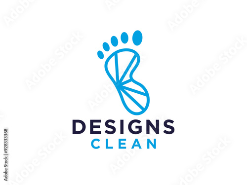 Foot Logo. Blue and Footprints Silhouette with Negative Space Cutout Style inside isolated on White Background.