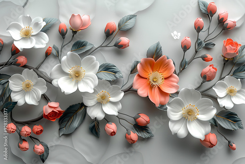 A charming 3D mural illustration of lovely flowers on a pure white canvas, highlighted by an ornate wallpaper design.