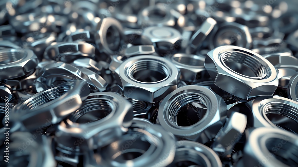 3D render of industrial nuts and washers, high detail 3D render of industrial nuts and washers, high detail