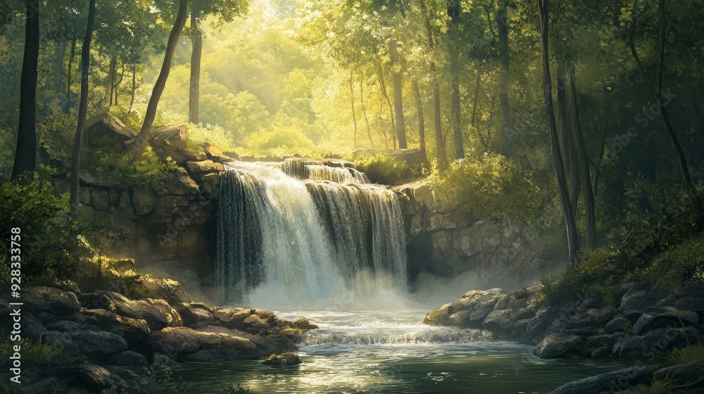 Obraz premium Hidden among the towering trees, a forest waterfall spills over a rocky precipice, its waters glistening in the sunlight.