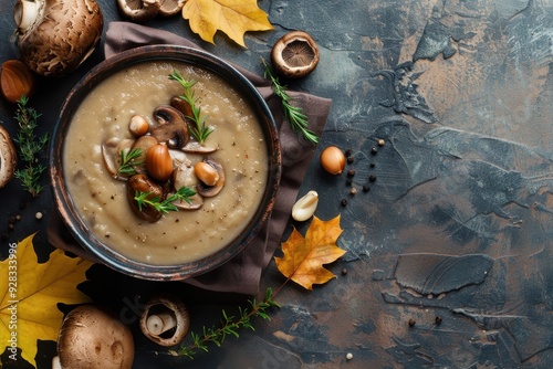 Autumn soup with mushrooms chestnuts Italian and French influences top view with empty space photo