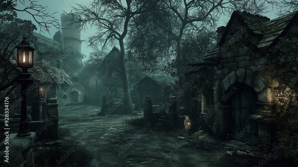 An eerie street with green fog and lighting with stone houses. a narrow street with lanterns in a foggy village at twilight. The street is deserted and the atmosphere is eerie. Halloween ambience An eerie street with green fog and lighting with stone houses. a narrow street with lanterns in a foggy village at twilight. The street is deserted and the atmosphere is eerie. Halloween ambience