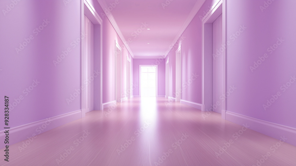 An empty pastel lavender hallway with smooth wooden floors and soft lighting An empty pastel lavender hallway with smooth wooden floors and soft lighting