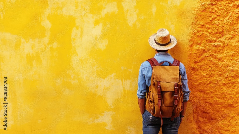 Person with hat and backpack standing against yellow wall Person with hat and backpack standing against yellow wall