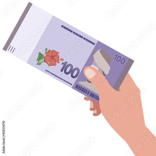 Hand holding and show the Malaysia banknotes of one hundred Ringgit RM100, sample flat design illustration of Malaysia currency Ringgit Malaysia cash paper money.