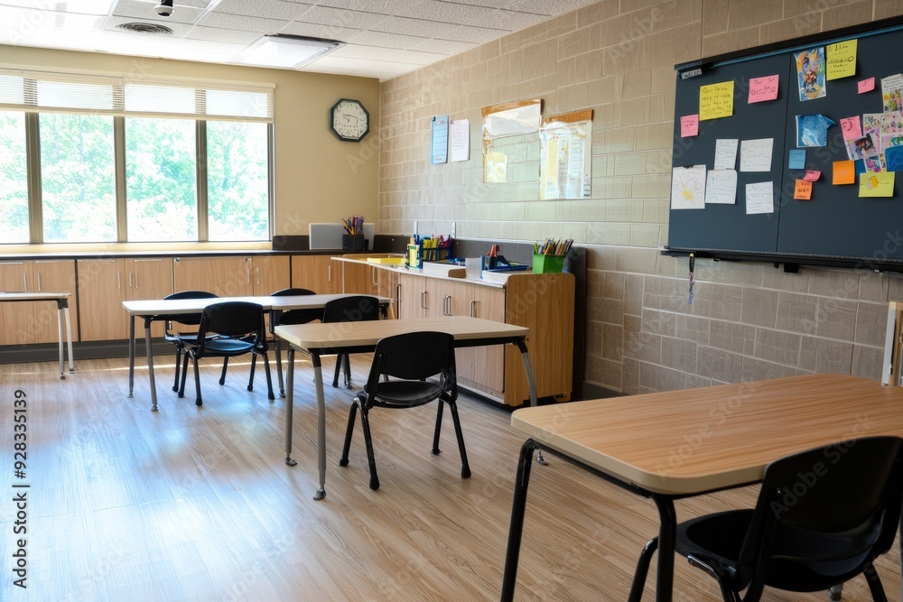 A special education classroom with modified desks and seating arrangements to accommodate various needs A special education classroom with modified desks and seating arrangements to accommodate various needs