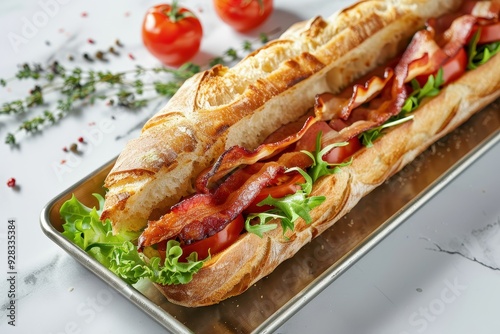 Baguette sandwich with bacon cheese tomatoes and lettuce on tray