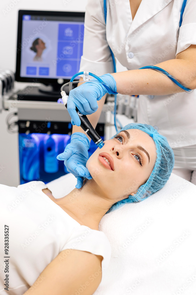 A cosmetologist wearing gloves performs vacuum cleaning and polishing of the facial skin of a middle-aged woman in a cosmetology clinic. Professional moisturizing and rejuvenating hardware procedures. A cosmetologist wearing gloves performs vacuum cleaning and polishing of the facial skin of a middle-aged woman in a cosmetology clinic. Professional moisturizing and rejuvenating hardware procedures.