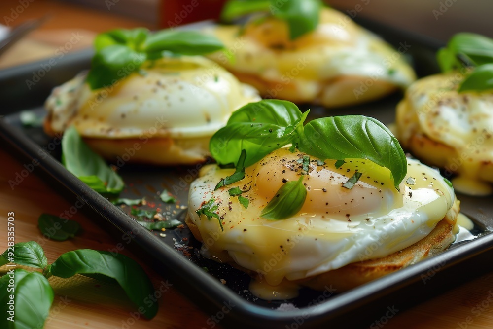 Basil topped Eggs Benedict on a pan Basil topped Eggs Benedict on a pan