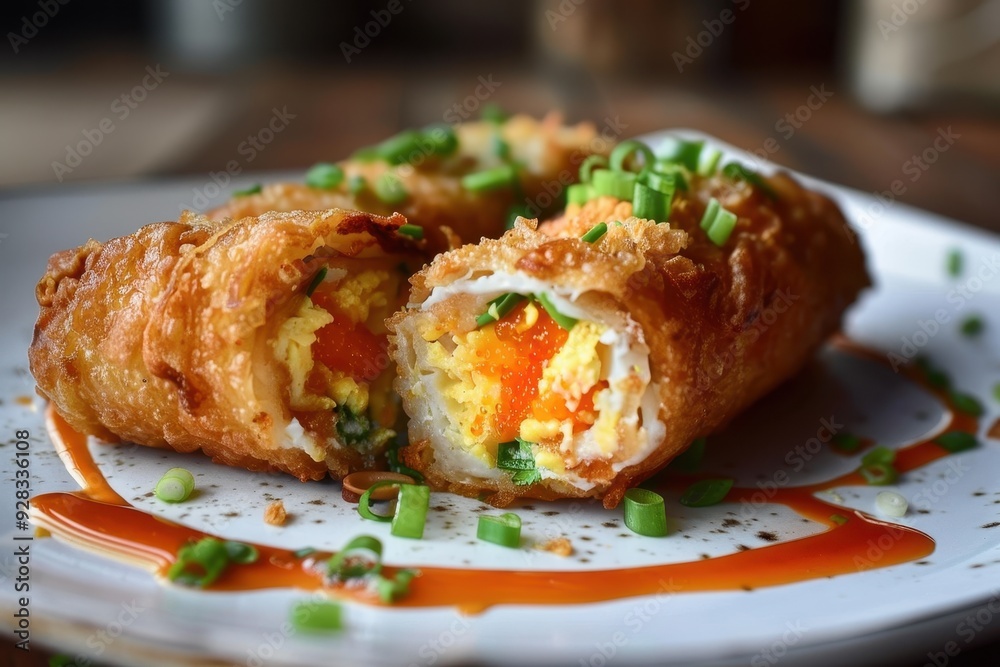 Beautiful presentation of egg rolls with sauce and mayonnaise popular Indonesian dish Beautiful presentation of egg rolls with sauce and mayonnaise popular Indonesian dish