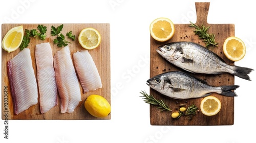 fresh fish on wooden cutting board on white background.