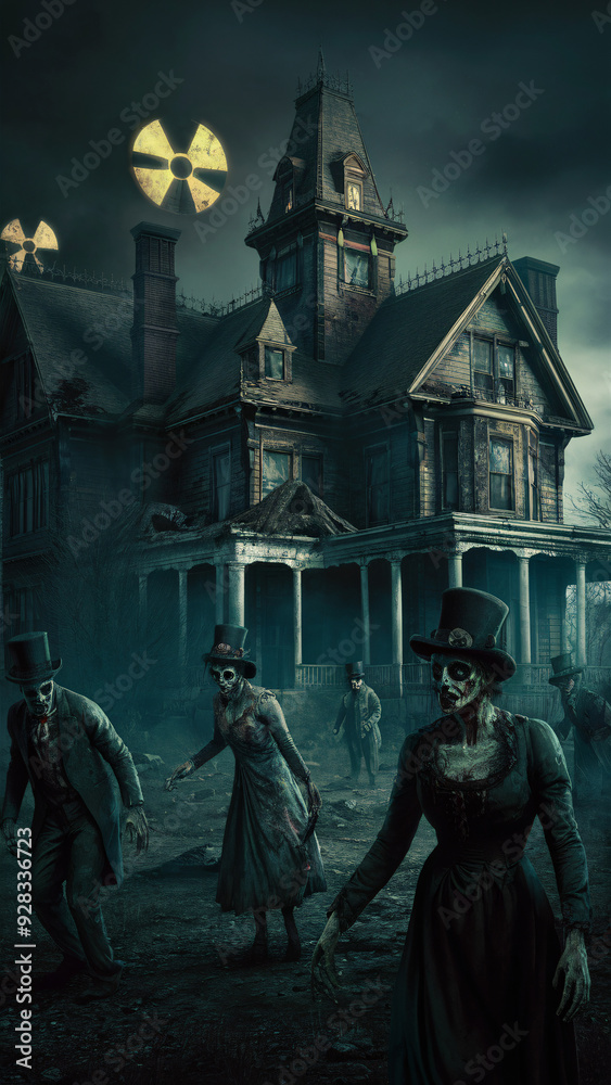 Haunted Victorian mansion in post-apocalyptic ruin, zombies in period dress roam the eerie, radiation-tinged grounds - a chilling Halloween vision. Haunted Victorian mansion in post-apocalyptic ruin, zombies in period dress roam the eerie, radiation-tinged grounds - a chilling Halloween vision.