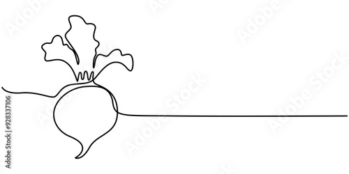 Beetroot in continuous line art drawing style. Garden beet black linear sketch isolated on white background. Vector illustration, Beetroot with Leaves. Woodcut radish or beets. beet vegetable cartoon