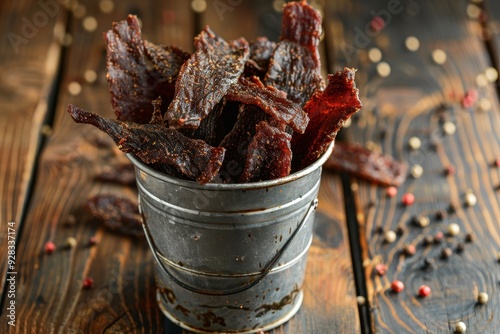 Beef jerky strips in metal bucket on wooden background served in restaurant photo