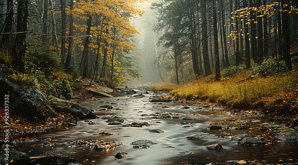 Obraz premium Beautiful countryside, in the woods, drizzling. Generative AI.