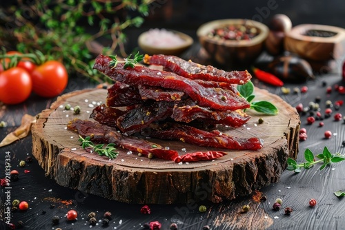 Beef jerky with spices on wood natural beer snack Organic