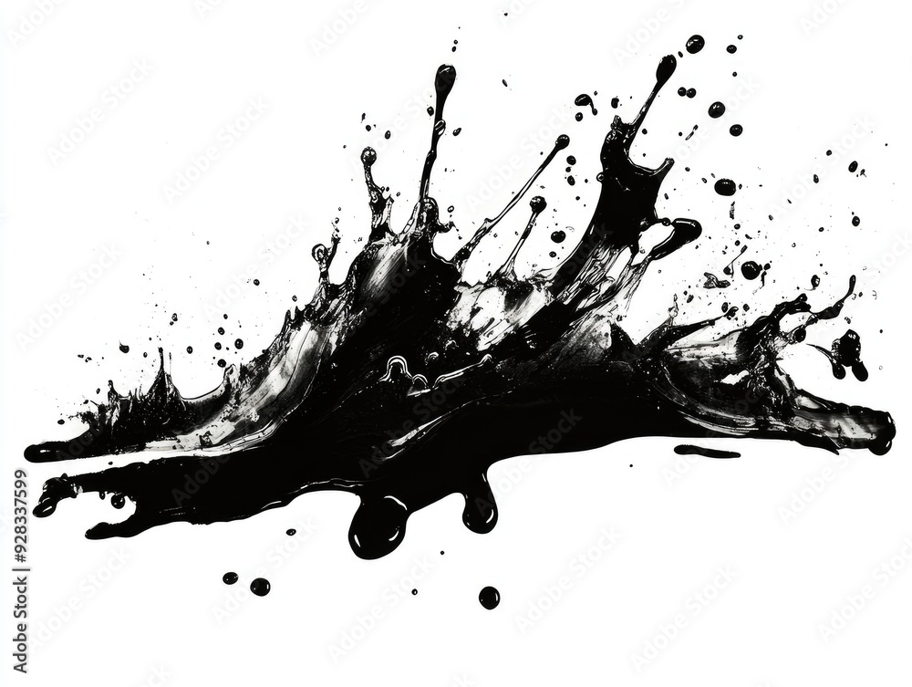 A black paint splatter with drops and drips isolated on a white background. A black paint splatter with drops and drips isolated on a white background.