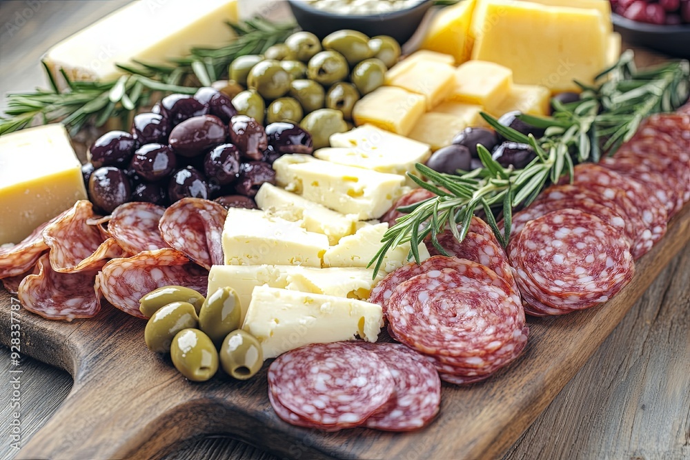 Appetizer Platter with Salami, Cheese, Olives, and Rosemary
