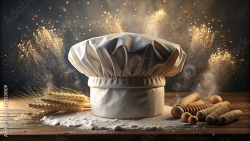 A chef's hat is positioned on a wooden surface, surrounded by flour and various spices. The hat itself is the central focus, and  glowing with a  bright lights.