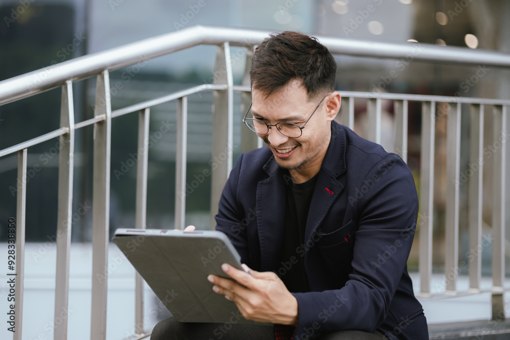 A cheerful young Asian businesswoman in a modern city, smiling confidently while using her smartphone outdoors, dressed in a professional suit, embodying success and digital connectivity. A cheerful young Asian businesswoman in a modern city, smiling confidently while using her smartphone outdoors, dressed in a professional suit, embodying success and digital connectivity.