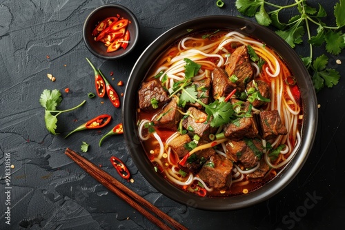 Bird s eye view of Bun Bo Hue a Vietnamese spicy noodle soup with chili oil sauce photo