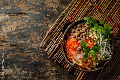 Bird s eye view of Bun bo nam bo in bowl with space for text