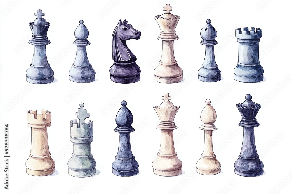 A set of chess pieces are shown in a row, with the white pieces on the left A set of chess pieces are shown in a row, with the white pieces on the left