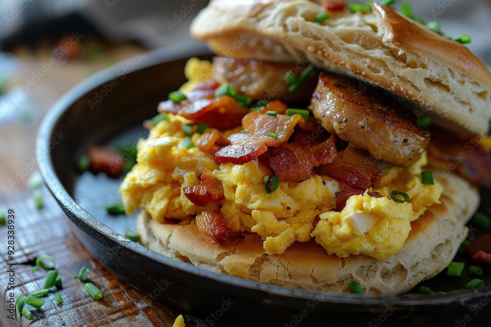 Biscuits with scrambled eggs bacon sausage and chicken for breakfast Biscuits with scrambled eggs bacon sausage and chicken for breakfast