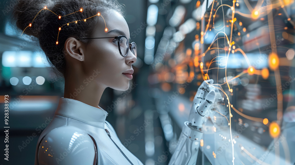 Naklejka premium AI-driven customer service, illustrating tech in business. Generative AI.