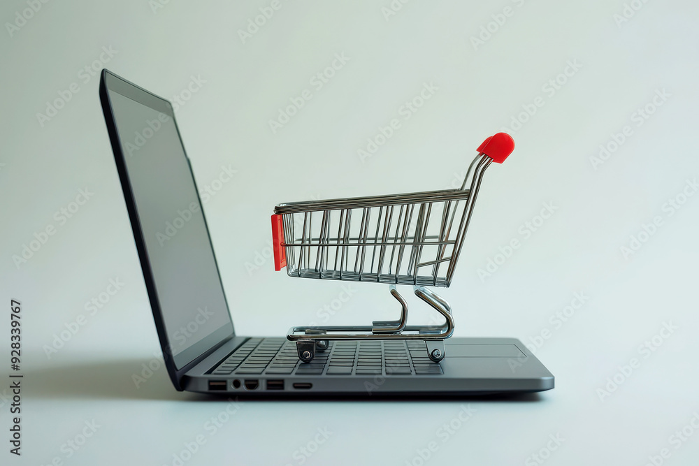 Online shopping e-commerce and customer experience concept. Cute Shopping cart on a laptop keyboard, depict shopper consumers buy or purchase goods and services at home or office Online shopping e-commerce and customer experience concept. Cute Shopping cart on a laptop keyboard, depict shopper consumers buy or purchase goods and services at home or office