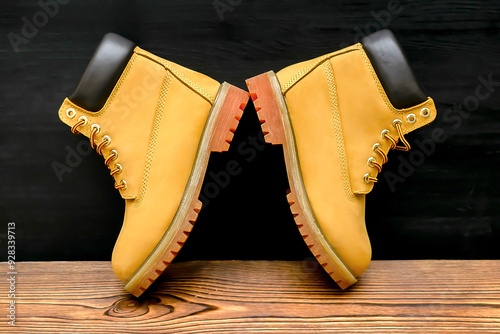 Tableau sur toile New beautiful brown yellow warm mountain women's winter Timberland tracking shoes, boots, sneakers, trainers logo on wooden background