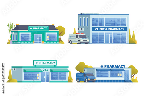 Vector illustration element of pharmacy store building, drugs shop flat design style