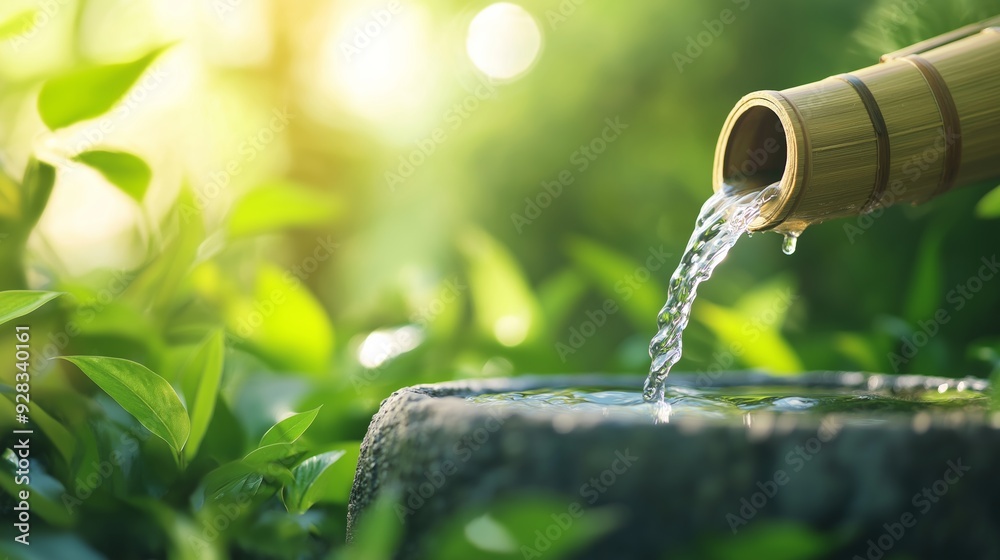 Water flows gently from a bamboo spout into a stone basin surrounded by lush green plants in a serene garden. Water flows gently from a bamboo spout into a stone basin surrounded by lush green plants in a serene garden.