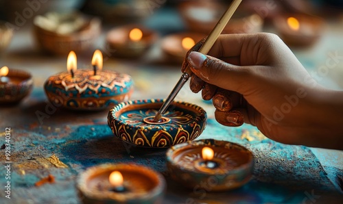 Fototapeta Naklejka Na Ścianę i Meble -  A person is painting a set of small blue and yellow ceramic bowls with a brush