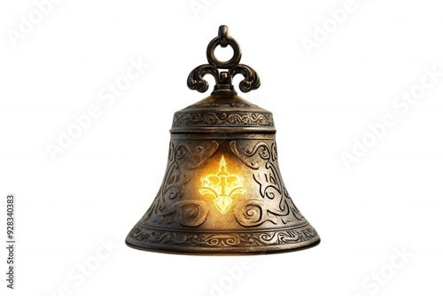 Ornate golden bell with intricate carvings and a glowing light emanating from its center, transparent background