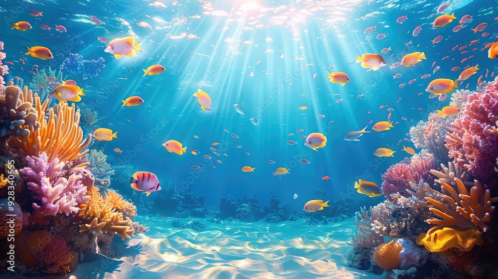Naklejka premium Bright, colorful, vibrant, and simple scene under the sea. Generative AI.