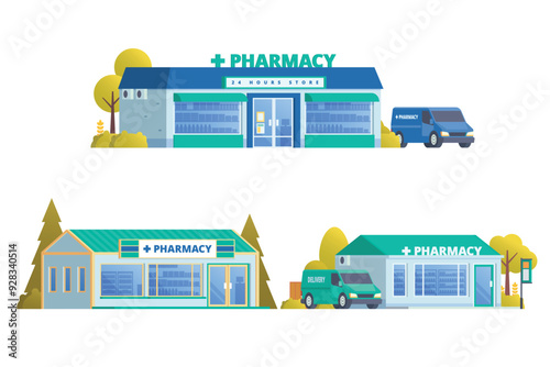 Vector illustration element of pharmacy store building, drugs shop flat design style
