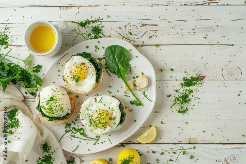 Breakfast of Eggs Florentine on English muffins with spinach poached eggs Mornay sauce chives lemon and coffee on white table Breakfast of Eggs Florentine on English muffins with spinach poached eggs Mornay sauce chives lemon and coffee on white table