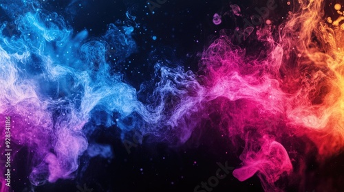 Abstract blue and pink smoke swirls with sparkling glitter on a black background.