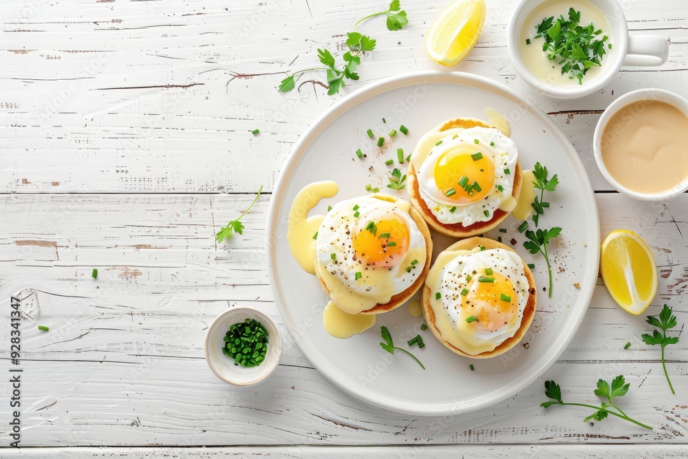 Breakfast spread eggs Benedict with coffee on white table Breakfast spread eggs Benedict with coffee on white table