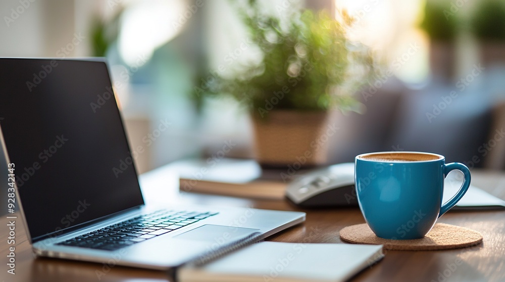 Laptop, Coffee Cup, and Notebook on a Wooden Desk Laptop, Coffee Cup, and Notebook on a Wooden Desk