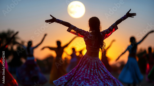 a group of people performing Garba dance under the full moon, dressed in vibrant traditional attire, symbolizing the joy and cultural significance of Sharad Purnima celebrations.