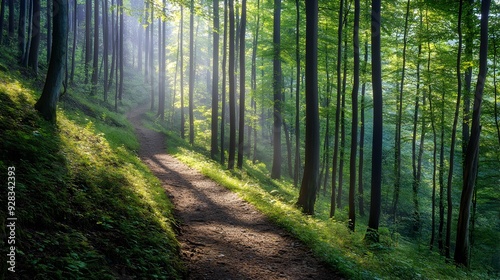 Hiking trail winding through a dense lush forest with dappled sunlight filtering through the trees creating a peaceful serene atmosphere for an outdoor nature adventure