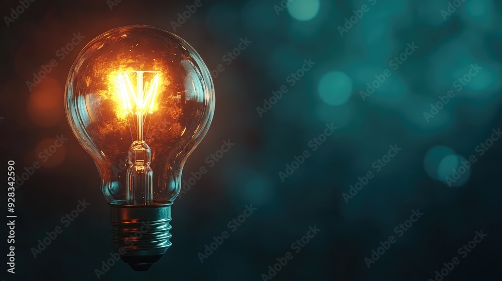 Close-up of a lit light bulb with a blue background. Close-up of a lit light bulb with a blue background.