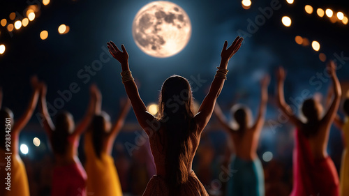 People performing a traditional Indian dance under the full moon with vibrant costumes and decorations, symbolizing the joy and celebration of Sharad Purnima.