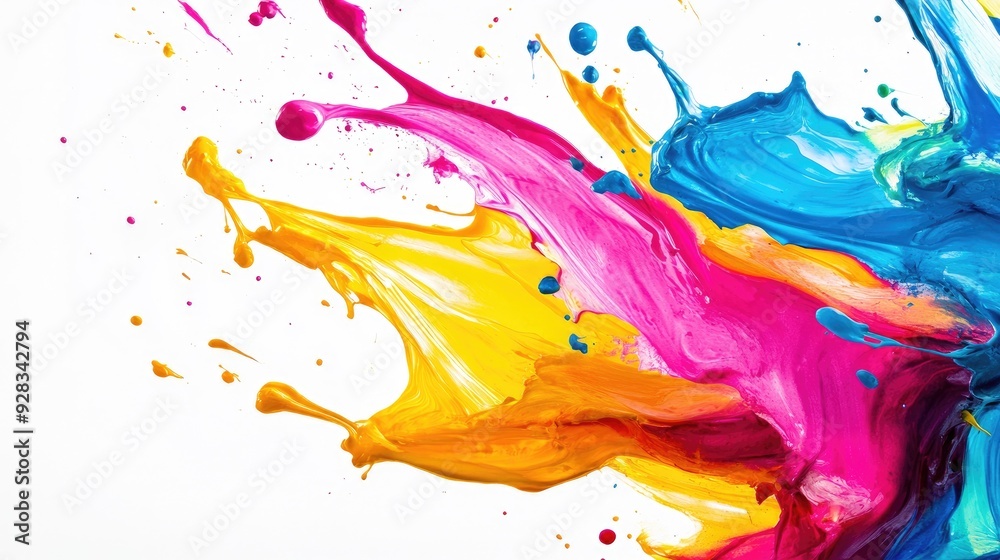 Fototapeta premium Abstract colorful paint splatters on a white background.