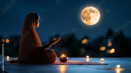 A woman in traditional attire performing a moonlit prayer, with the full moon shining brightly in the background, symbolizing devotion and spiritual connection during Sharad Purnima.